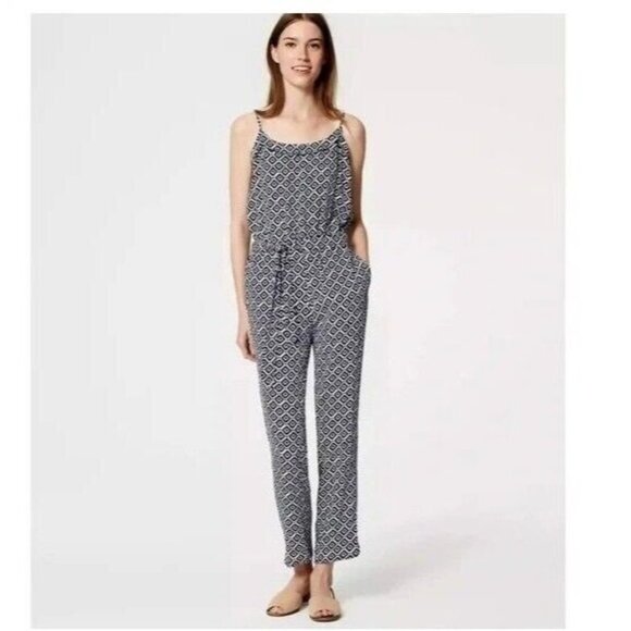 LOFT Jumpsuit S Navy Blue Geo Print Straight Leg Strappy - Picture 2 of 11